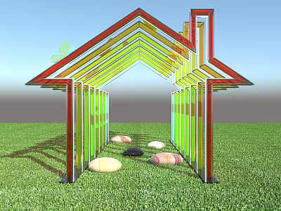 Colorful Transparent Geometric Commercial Equipment With Grass Field And Stone Seats 3d model