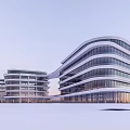 Modern Office Building With Sleek Glass Curtain Walls Multiple Connected Structures Set In Snowy Landscape