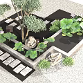 Landscaped Tree Pit with Decorative Stones Lotus Leaves Small Koi Pond Grass and Stone Paths