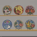 Colorful Cartoon Patterned Plates Displayed On Two Wooden Shelves For Home Decor