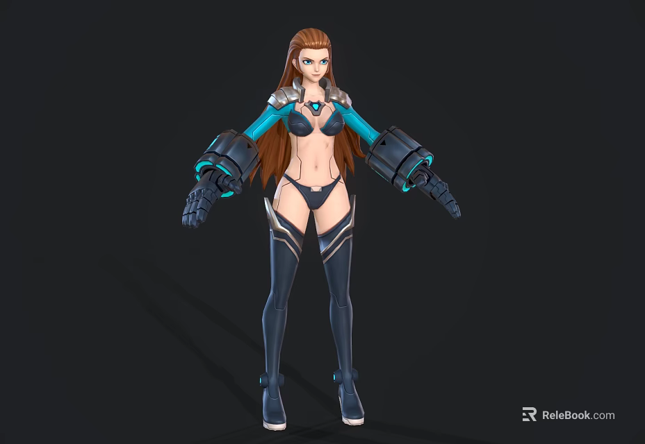 Futuristic Game Movie Character With Red Long Hair Mechanical Arms And Blue Black Outfit 3d model 
