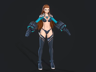 Futuristic Game Movie Character With Red Long Hair Mechanical Arms And Blue Black Outfit 3d model