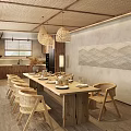 Japanese Style Dining Room With Wooden Table Chairs And Bamboo Woven Ceiling