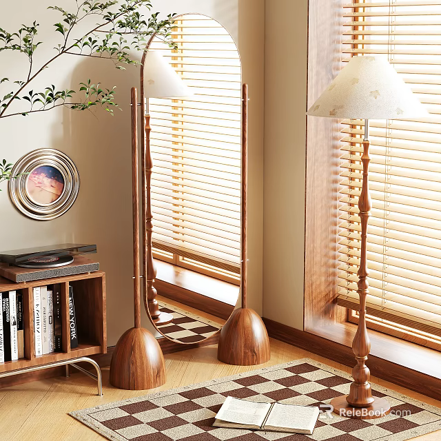 Wooden Full Length Mirror in Living Room with Blinds Bookshelf and Floor Lamp 3d model 