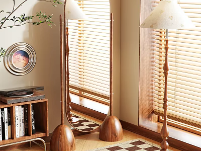 Wooden Full Length Mirror in Living Room with Blinds Bookshelf and Floor Lamp 3d model