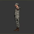 Man in military camouflage uniform stands with arms outstretched wearing brown boots against gray background