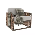 White Sofa And Coffee Table Set With Plaid Cushions Blanket Rattan Armrests Wooden Frame