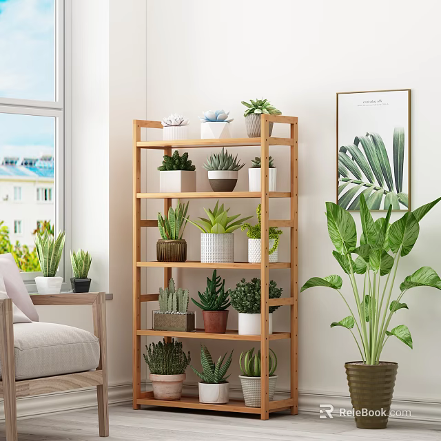 Indoor Garden Decor With Wooden Multi tiered Shelf Various Potted Plants And Large Green Plant 3d model 