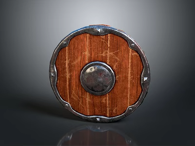 Vintage Wooden Shield With Metal Rim And Central Metal Boss Design 3d model