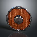 Vintage Wooden Shield With Metal Rim And Central Metal Boss Design