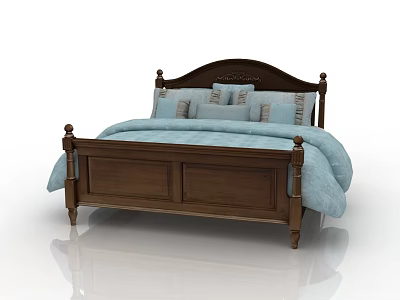 Classic Style Double Bed With Wooden Headboard And Light Blue Bedding 3d model