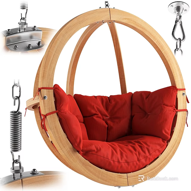 Wooden Hanging Chair Frame With Red Cushion Spring And Metal Hooks 3d model 