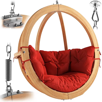 Wooden Hanging Chair Frame With Red Cushion Spring And Metal Hooks 3d model