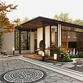 Modern Garden Courtyard With Maple Leaves Wooden Deck Stone Path And Green Plants