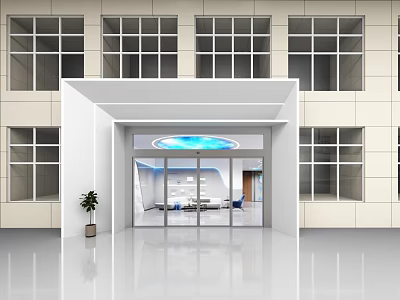Modern Exhibition Hall Entrance With White Structure Glass Doors Blue Circular Decoration And Green Plant 3d model