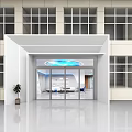 Modern Exhibition Hall Entrance With White Structure Glass Doors Blue Circular Decoration And Green Plant