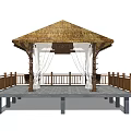 Outdoor Garden Landscape Pavilion With Thatched Roof Wooden Railings And Platform