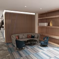 Modern Public Office Space With Open Layout Desks Sofa TV Bookshelves And Green Plants