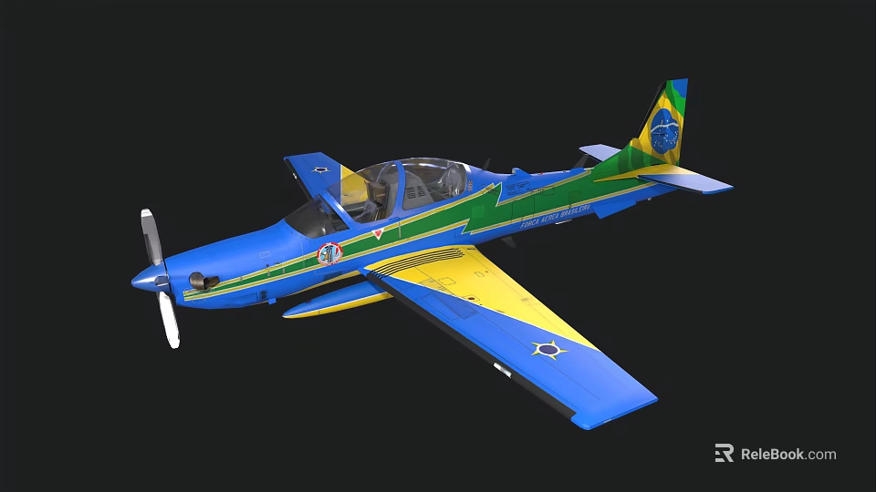 Blue Green Yellow Fighter Jet With Propeller Transparent Cockpit And Brazilian Flag Emblem 3d model 