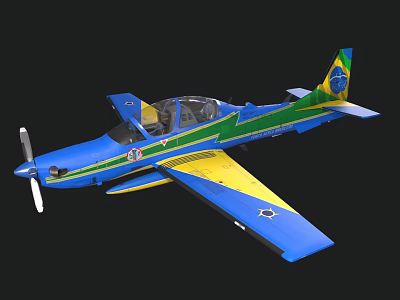 Blue Green Yellow Fighter Jet With Propeller Transparent Cockpit And Brazilian Flag Emblem 3d model