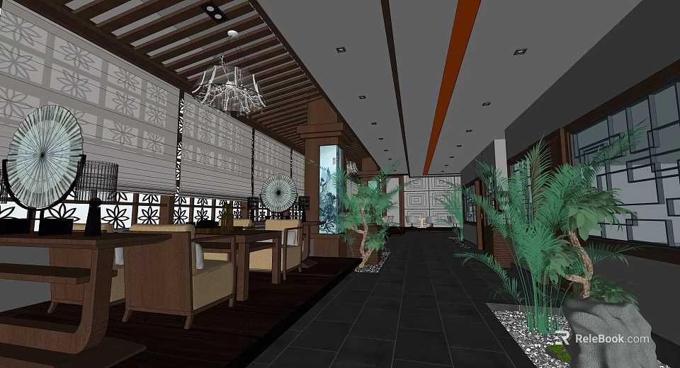 Traditional Tea House Interior With Wooden Ceiling Screen Panels And Green Plants 3d model 