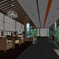 Traditional Tea House Interior With Wooden Ceiling Screen Panels And Green Plants