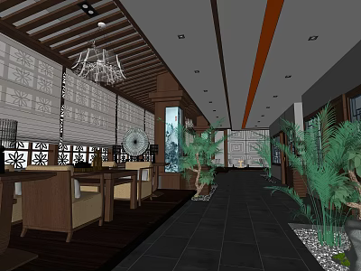 Traditional Tea House Interior With Wooden Ceiling Screen Panels And Green Plants 3d model