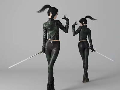 Women In Black And Green Tight Leather Outfit Holding Swords On Grey Background 3d model