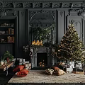 Classic Christmas Living Room With Decorated Fireplace Lit Tree Gifts Sofa And Bookshelf