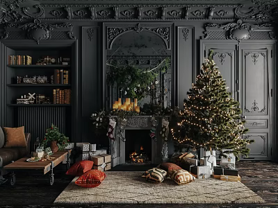 Classic Christmas Living Room With Decorated Fireplace Lit Tree Gifts Sofa And Bookshelf 3d model