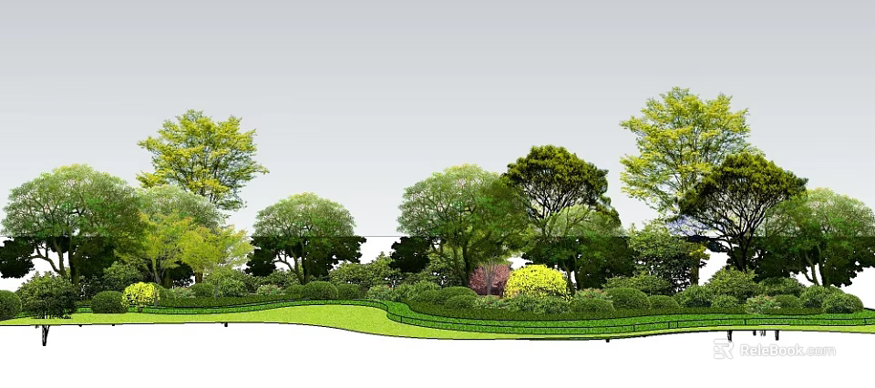 Lush Arbor Trees In Garden Landscape With Green Lawn And Shrubs 3d model 
