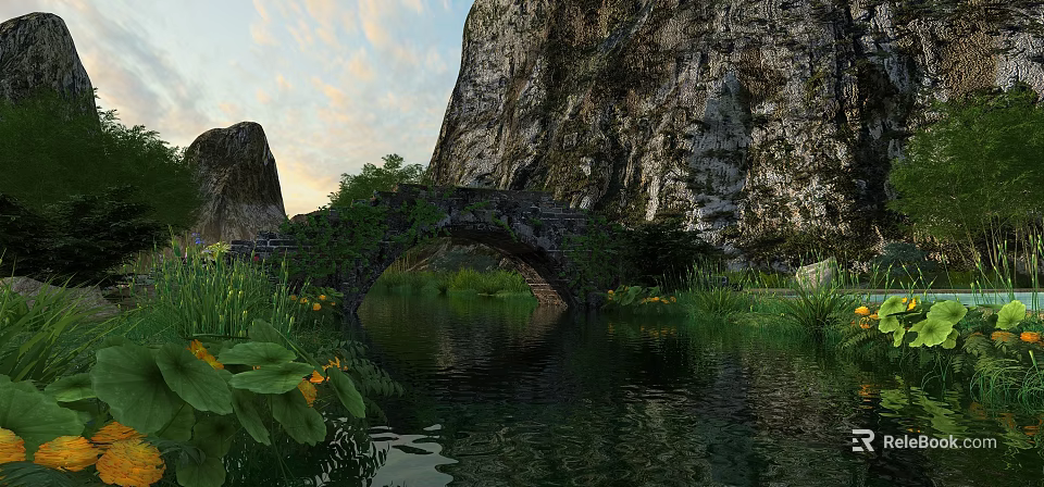 Scenic Park Landscape With Rocky Mountains Stone Arch Bridge Lush Greenery And Calm Water 3d model 