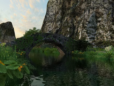 Scenic Park Landscape With Rocky Mountains Stone Arch Bridge Lush Greenery And Calm Water 3d model