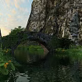 Scenic Park Landscape With Rocky Mountains Stone Arch Bridge Lush Greenery And Calm Water
