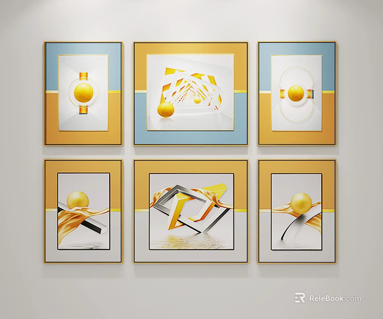 Six Modern Abstract Framed Wall Art With Golden Blue Geometric Elements 3d model 