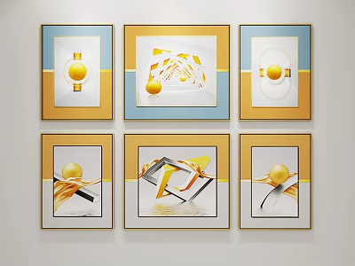 Six Modern Abstract Framed Wall Art With Golden Blue Geometric Elements 3d model