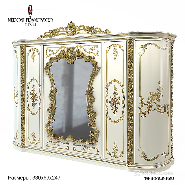 European Style White Dresser With Ornate Gold Carvings And Central Mirror 3d model 