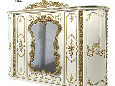 European Style White Dresser With Ornate Gold Carvings And Central Mirror 3d model