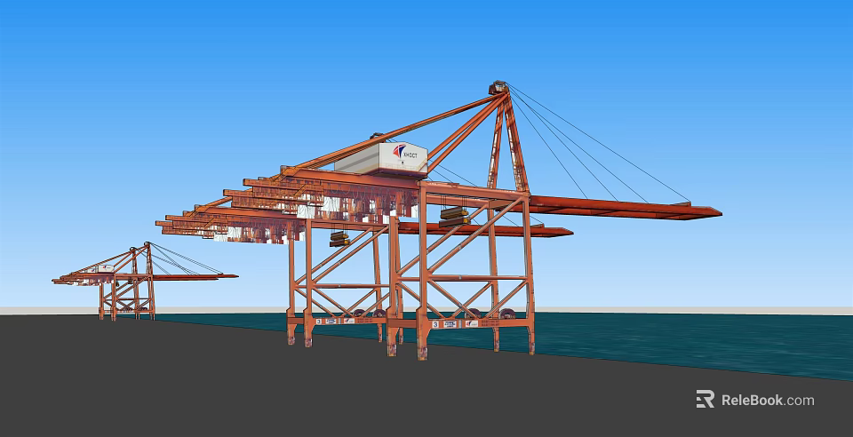 Industrial Port Crane With Red Steel Structure And Long Boom For Seaside Handling 3d model 