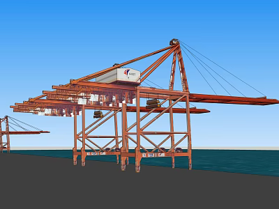 Industrial Port Crane With Red Steel Structure And Long Boom For Seaside Handling 3d model