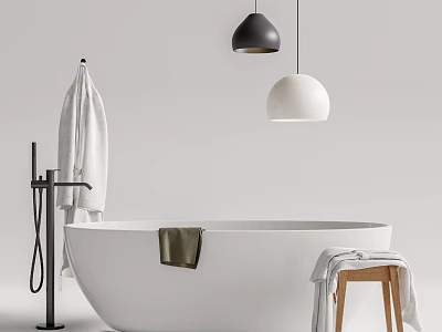 Minimalist Bathtub With Stool Towels And Pendant Lights 3d model
