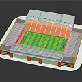 Detailed Football Stadium Model With Green Pitch Red Stands And White Gray Structure