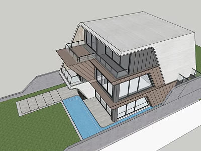 Modern Single Family House With Sloped Roof Swimming Pool Large Windows And Wooden Accents 3d model