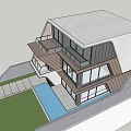 Modern Single Family House With Sloped Roof Swimming Pool Large Windows And Wooden Accents