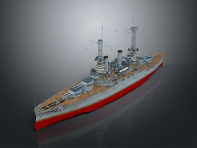 Classic Battleship Warship With Gray Upper Hull Red Bottom Two Funnels And Deck Guns 3d model