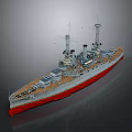 Classic Battleship Warship With Gray Upper Hull Red Bottom Two Funnels And Deck Guns