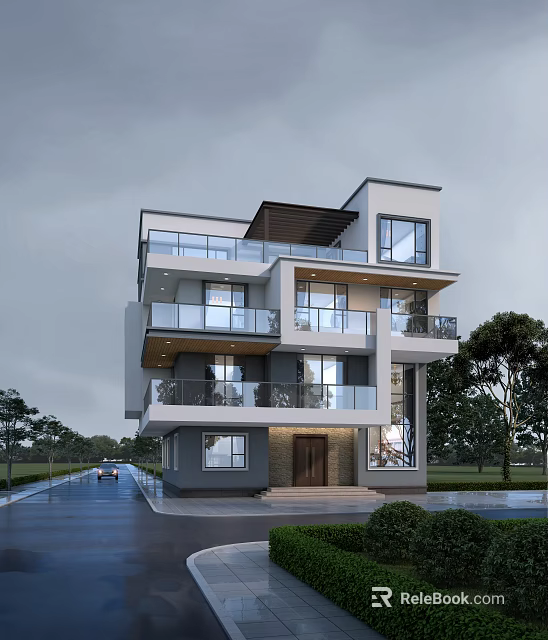Modern Detached Villa Exterior With Multi Story Glass Balconies And Surrounding Trees 3d model 