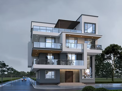 Modern Detached Villa Exterior With Multi Story Glass Balconies And Surrounding Trees 3d model