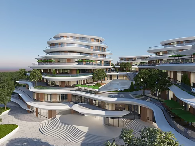 Modern Multi Storey Office Complex With Unique Curved Structure And Green Courtyard Space 3d model