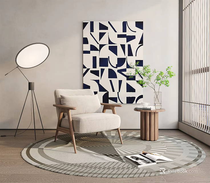 Beige Single Sofa with Wooden Arms Floor Lamp Abstract Painting and Green Plant on Rug 3d model 